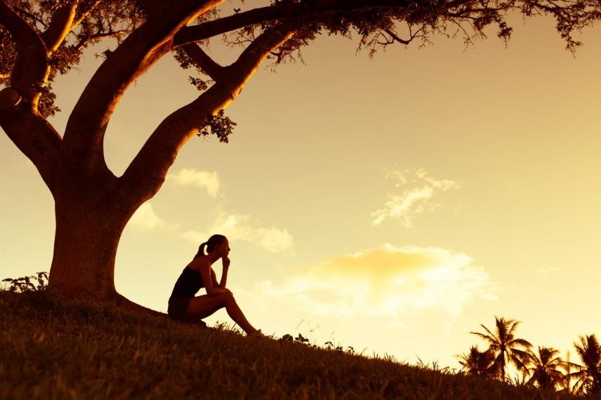 Silhouette d'une femme assise, pensive, au pied d'un grand arbre au coucher du soleil